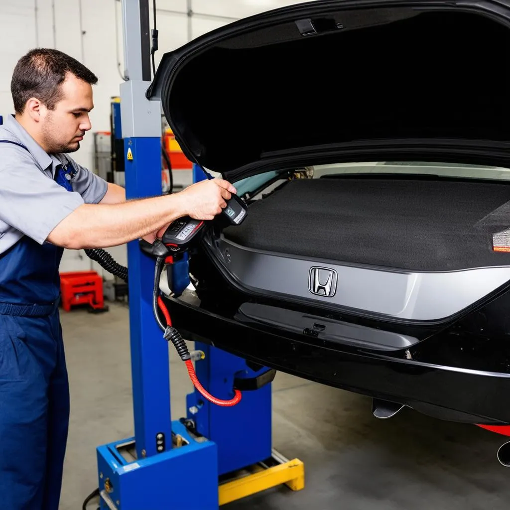 Mechanic using a diagnostic scanner on a 2012 Honda Civic