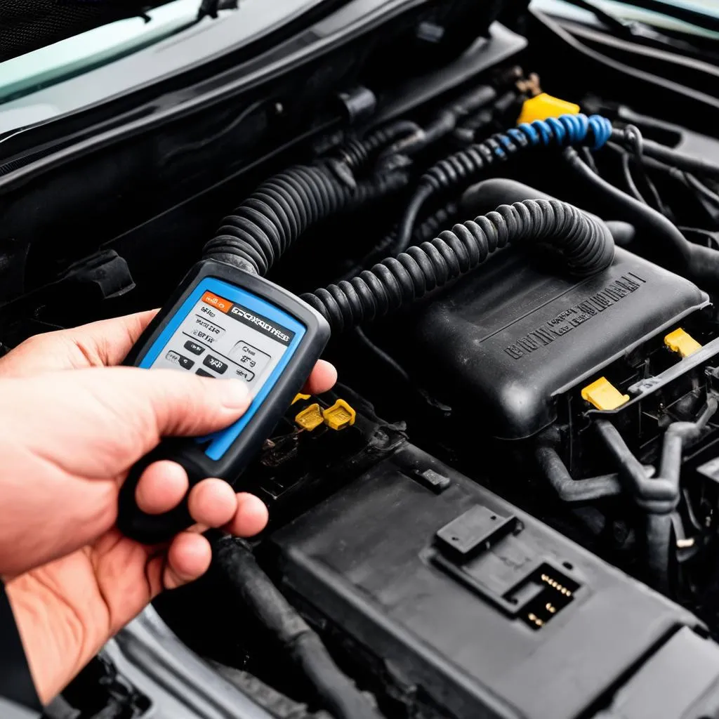 Mechanic connecting a diagnostic tool to a BMW E36 engine