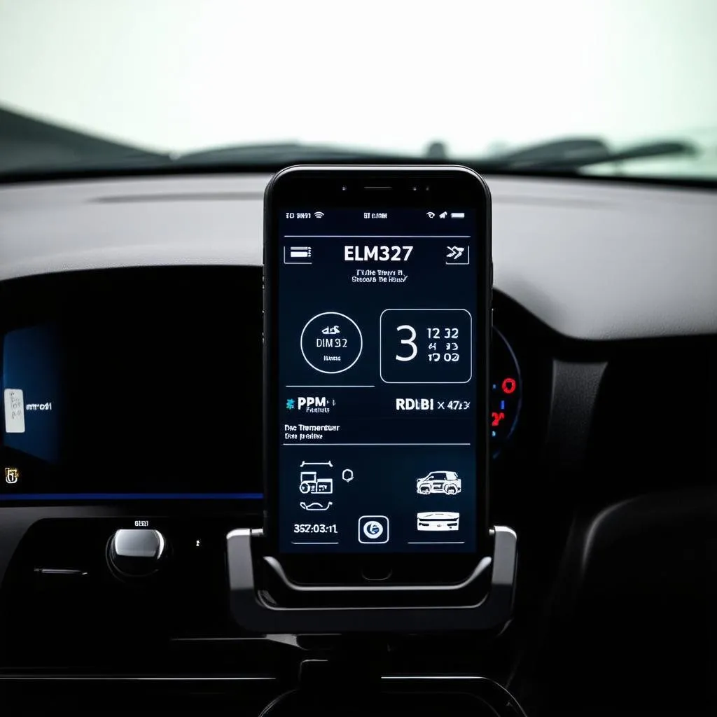 Smartphone with ELM327 OBD2 app connected to a car
