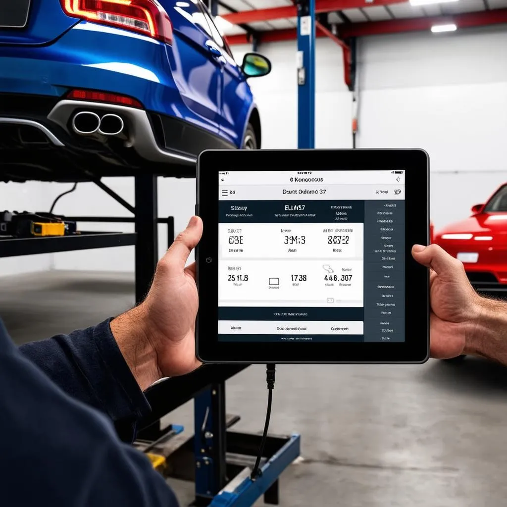 Mechanic using ELM327 app for car diagnostics