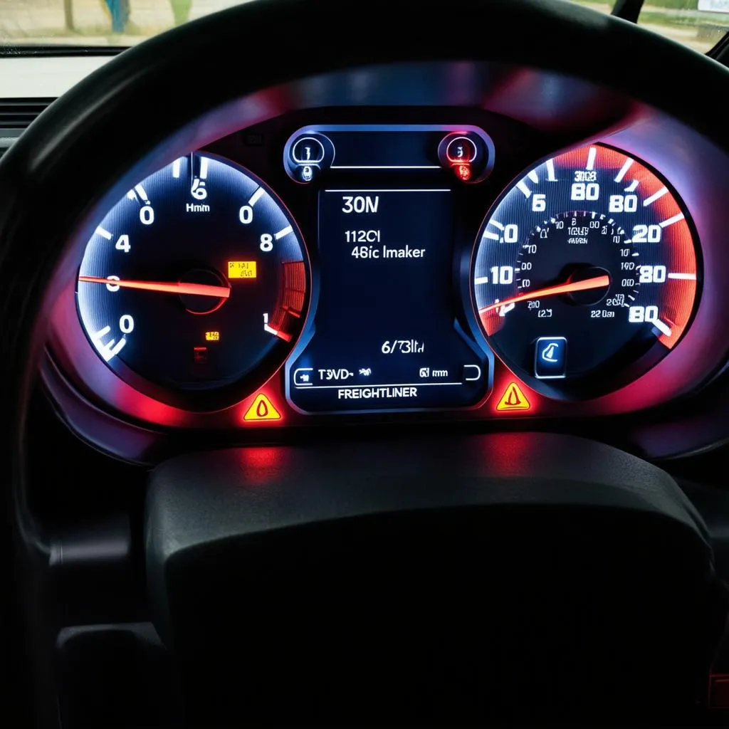 Freightliner Cascadia dashboard with warning lights on