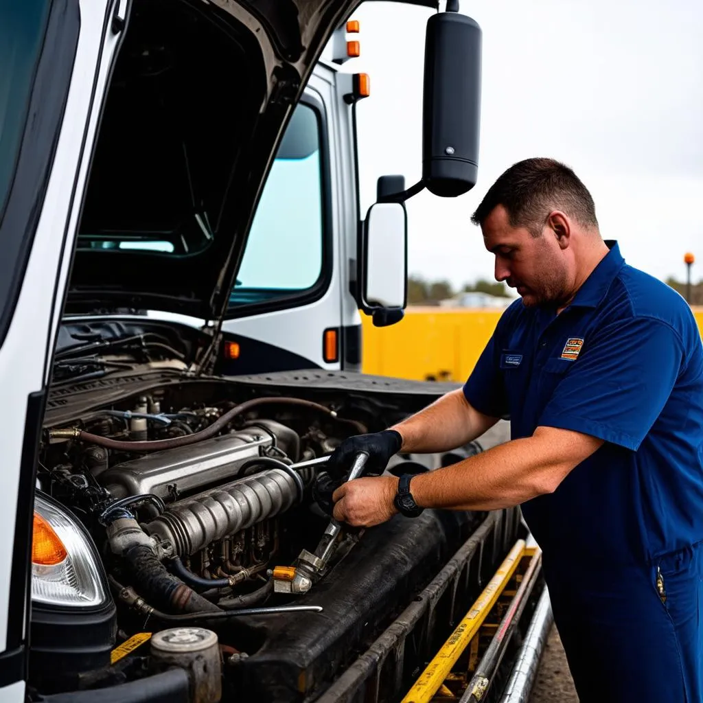 Mechanic Repairing Freightliner Cascadia Engine