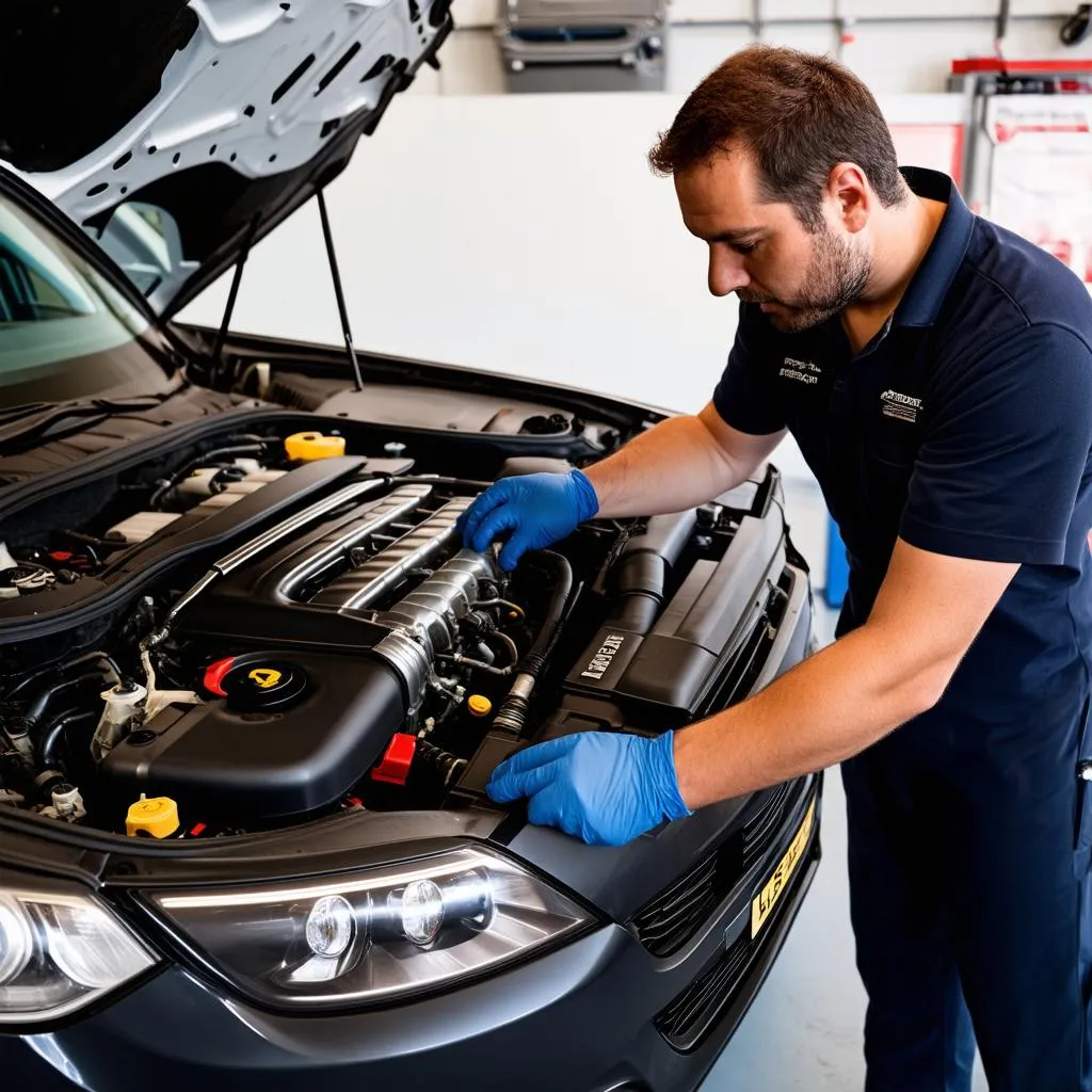 A mechanic inspecting a car engine with a diagnostic tool