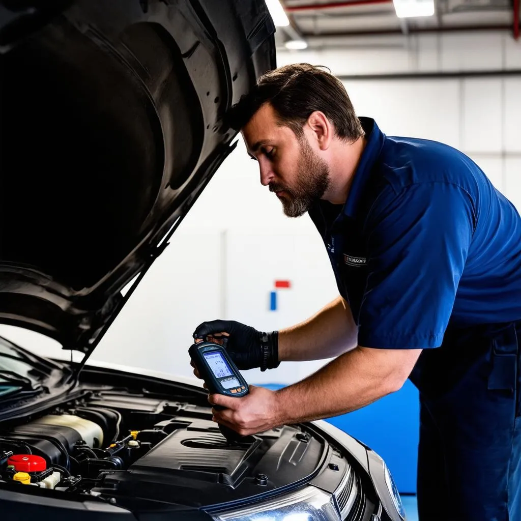 A mechanic inspecting the engine bay of a car.