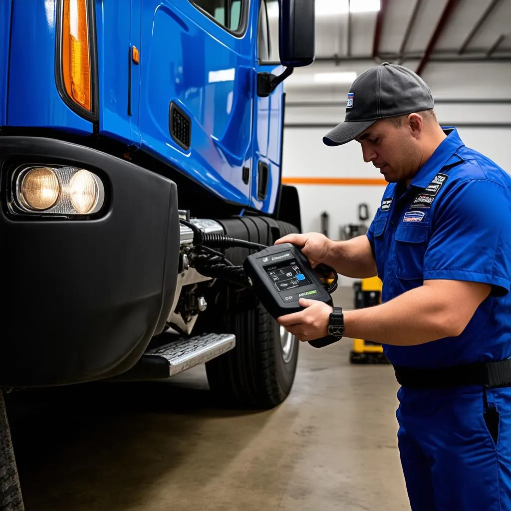 Mechanic using a Dealer Scanner on a Freightliner Cascadia