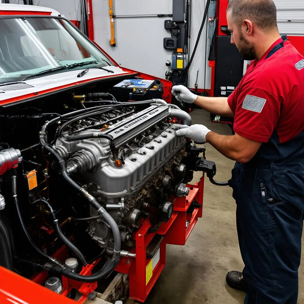 Mechanic repairing a truck engine