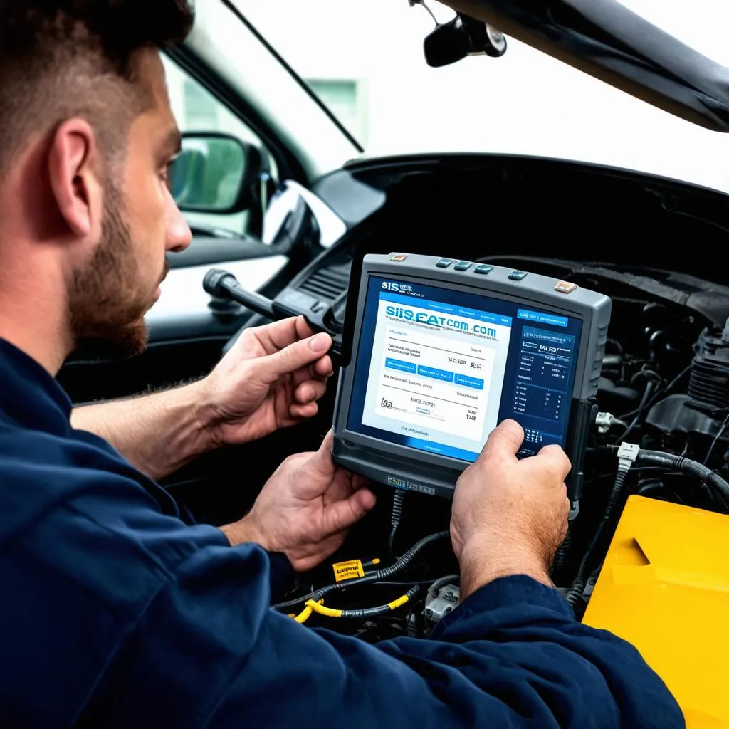 Mechanic using a diagnostic tool