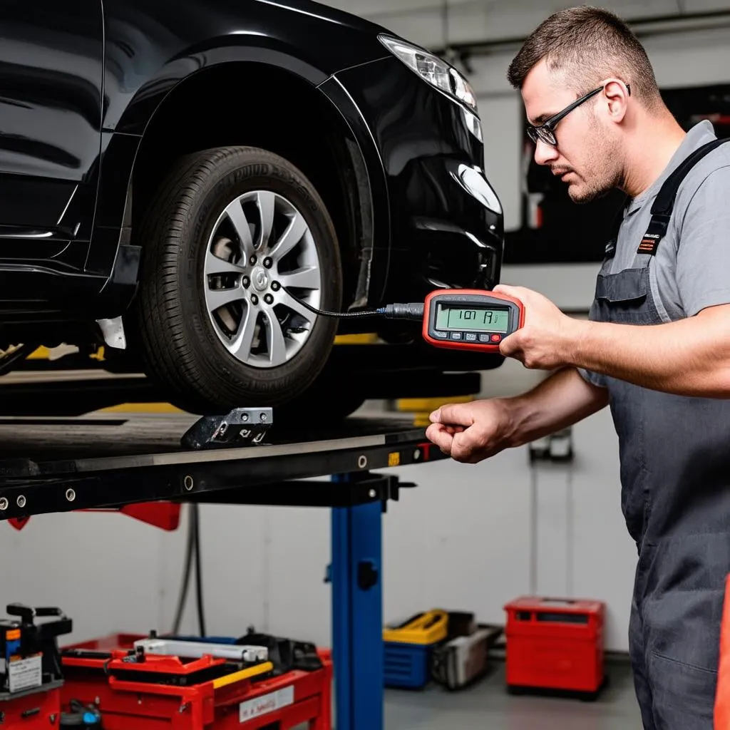 Mechanic installing a diagnostic tool in a car