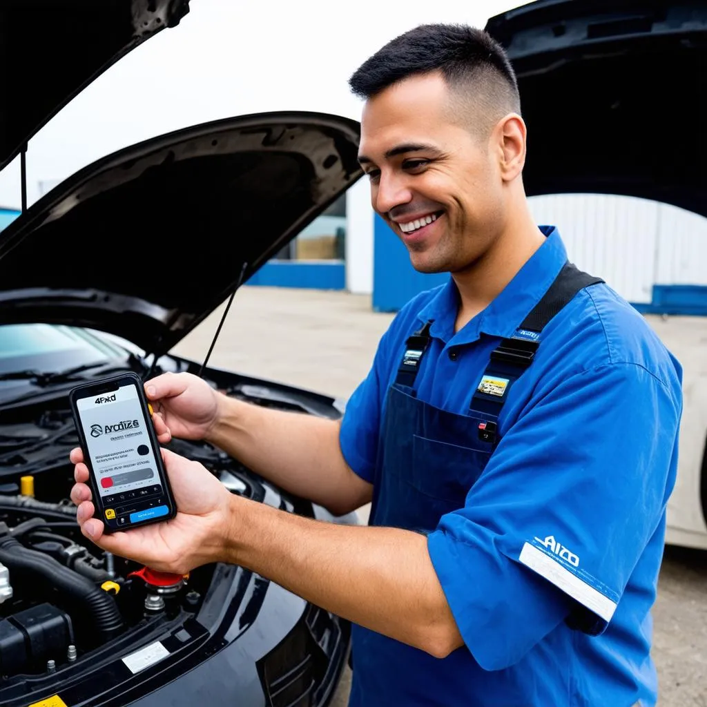 Mechanic using the 4Fixd app on his phone while diagnosing a car