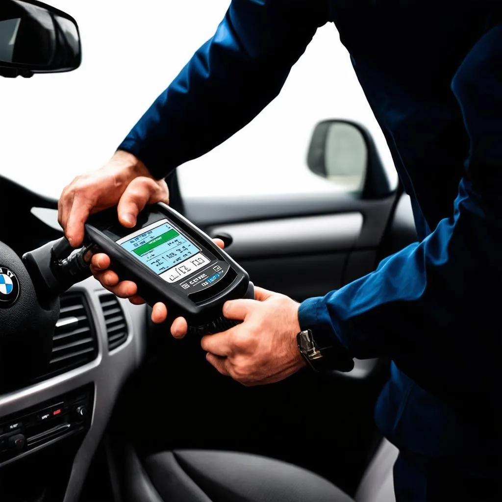 Mechanic using OBD scanner on a BMW