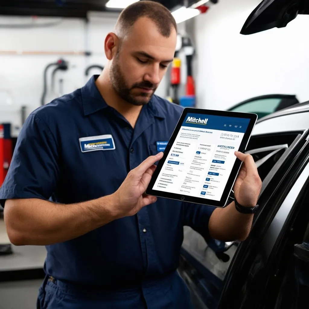 Mécanicien utilisant une tablette tactile dans un garage