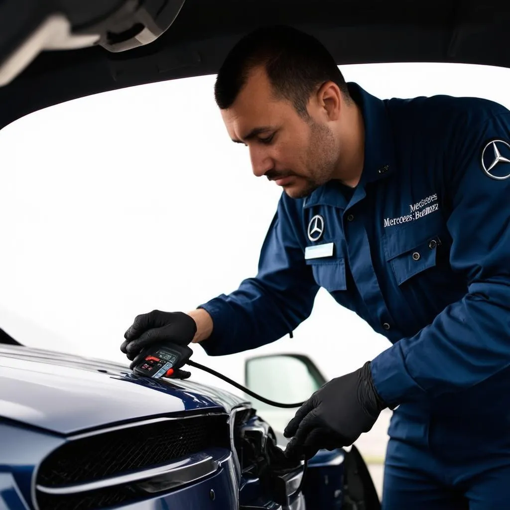 Mercedes-Benz mechanic using a laptop for car diagnostics