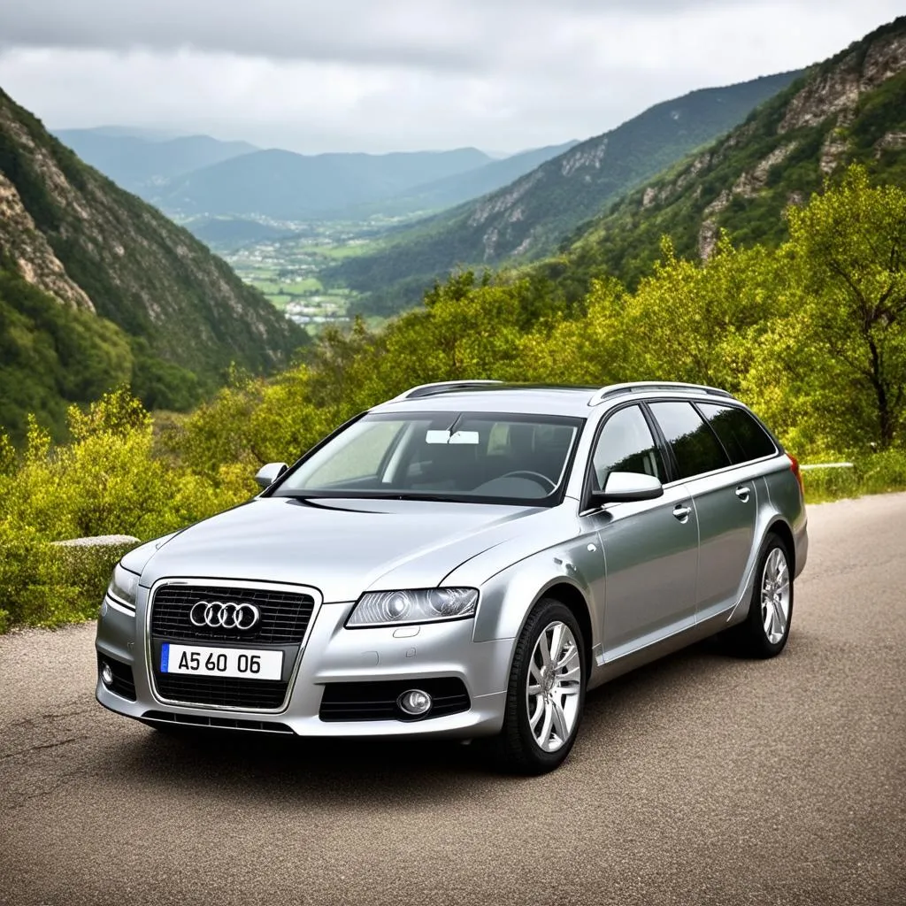 Vue de côté d'une Audi A6 C6 Avant garée sur une route de montagne avec vue sur la vallée