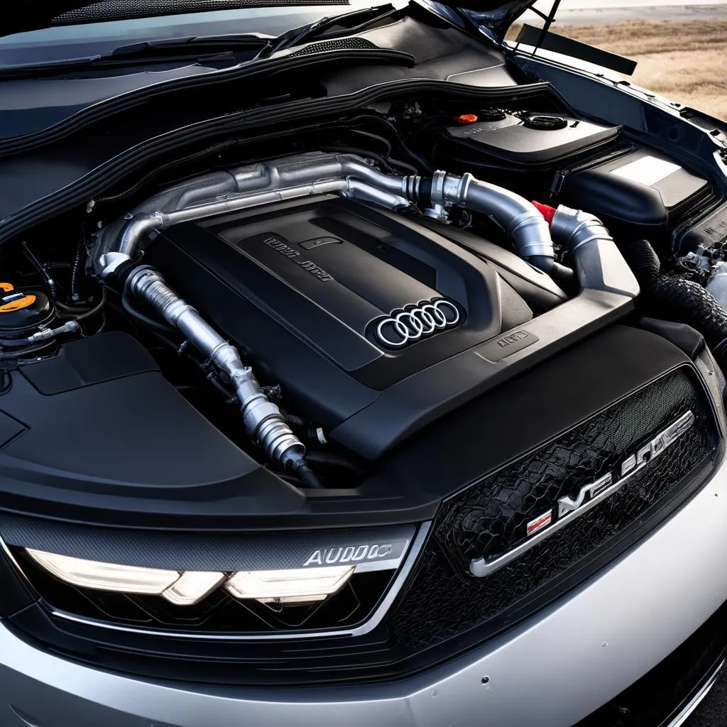 Vue rapprochée du moteur d'une Audi A6 C6, mettant en valeur son design complexe et sa puissance.