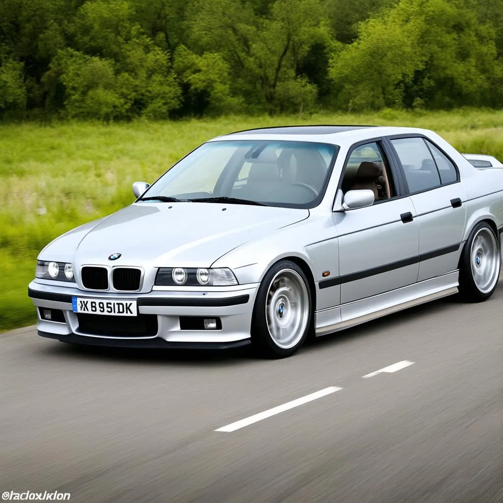 Vue latérale d'une BMW E36 M5 roulant sur une route de campagne