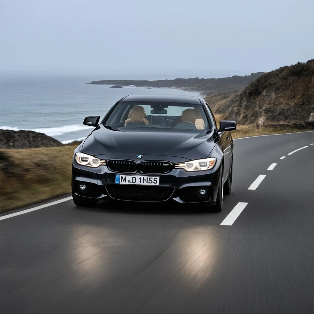 BMW F30 driving on a scenic road at night