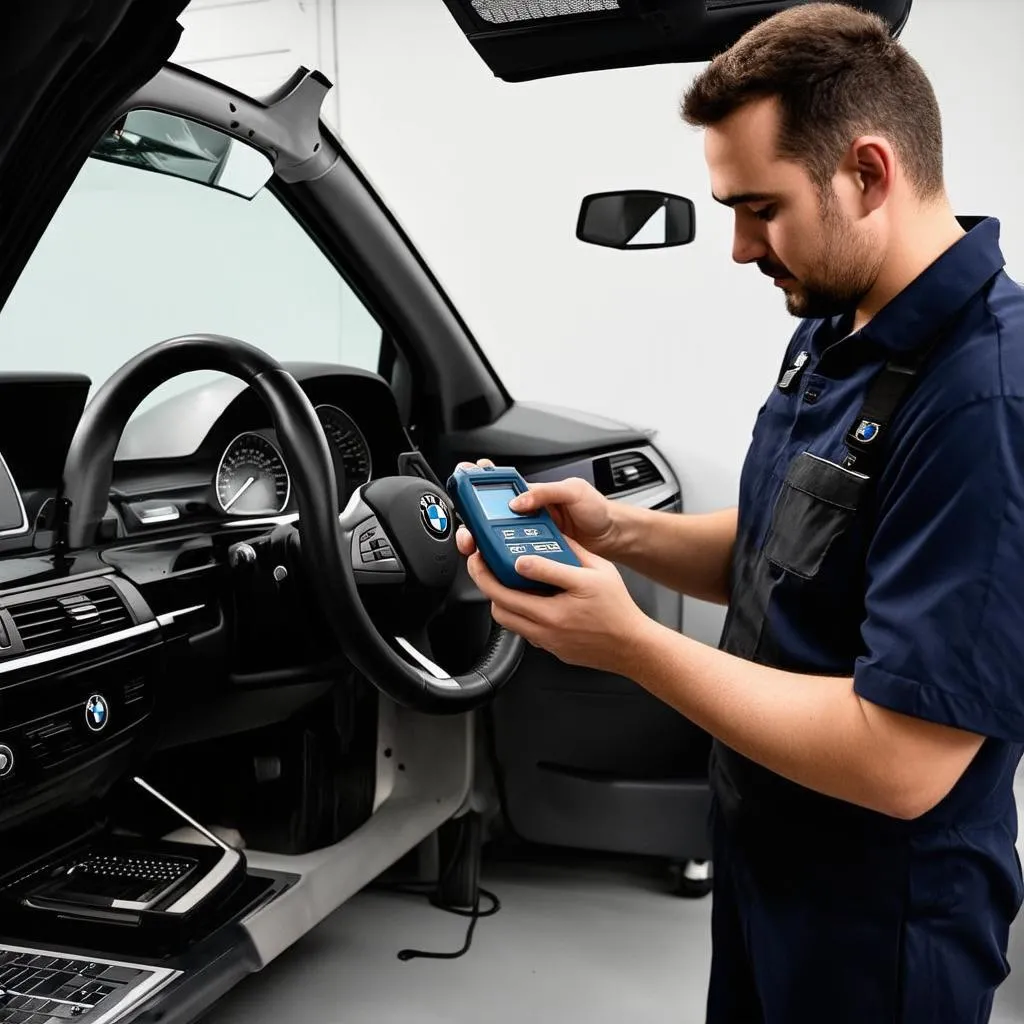 BMW mechanic working on car