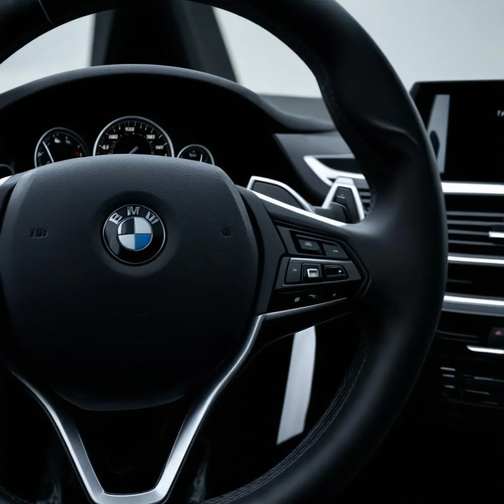 BMW car interior with voice activation button on steering wheel