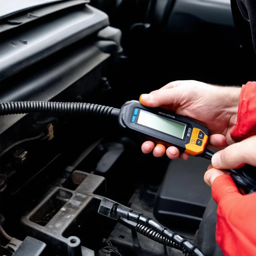 Mécanicien utilisant un outil de diagnostic sur une voiture