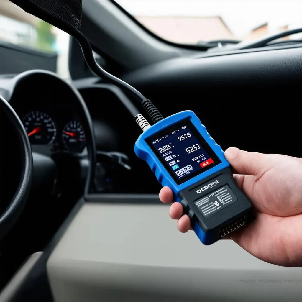 A car diagnostic tool plugged into a car's OBD-II port