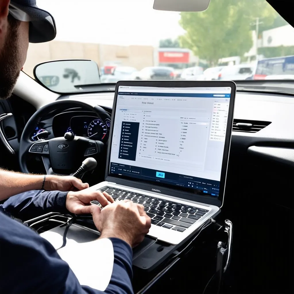 Voiture en maintenance avec un ordinateur portable branché