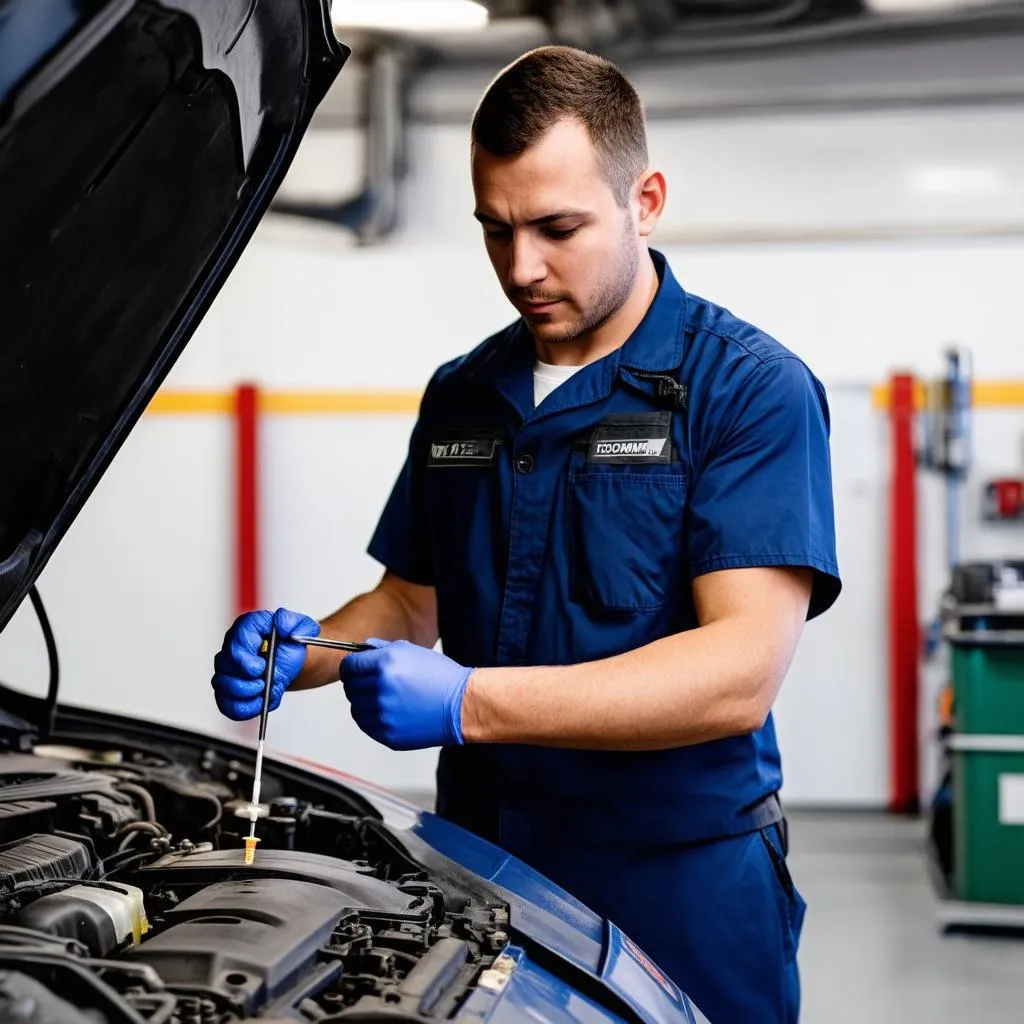 Car mechanic checking oil level