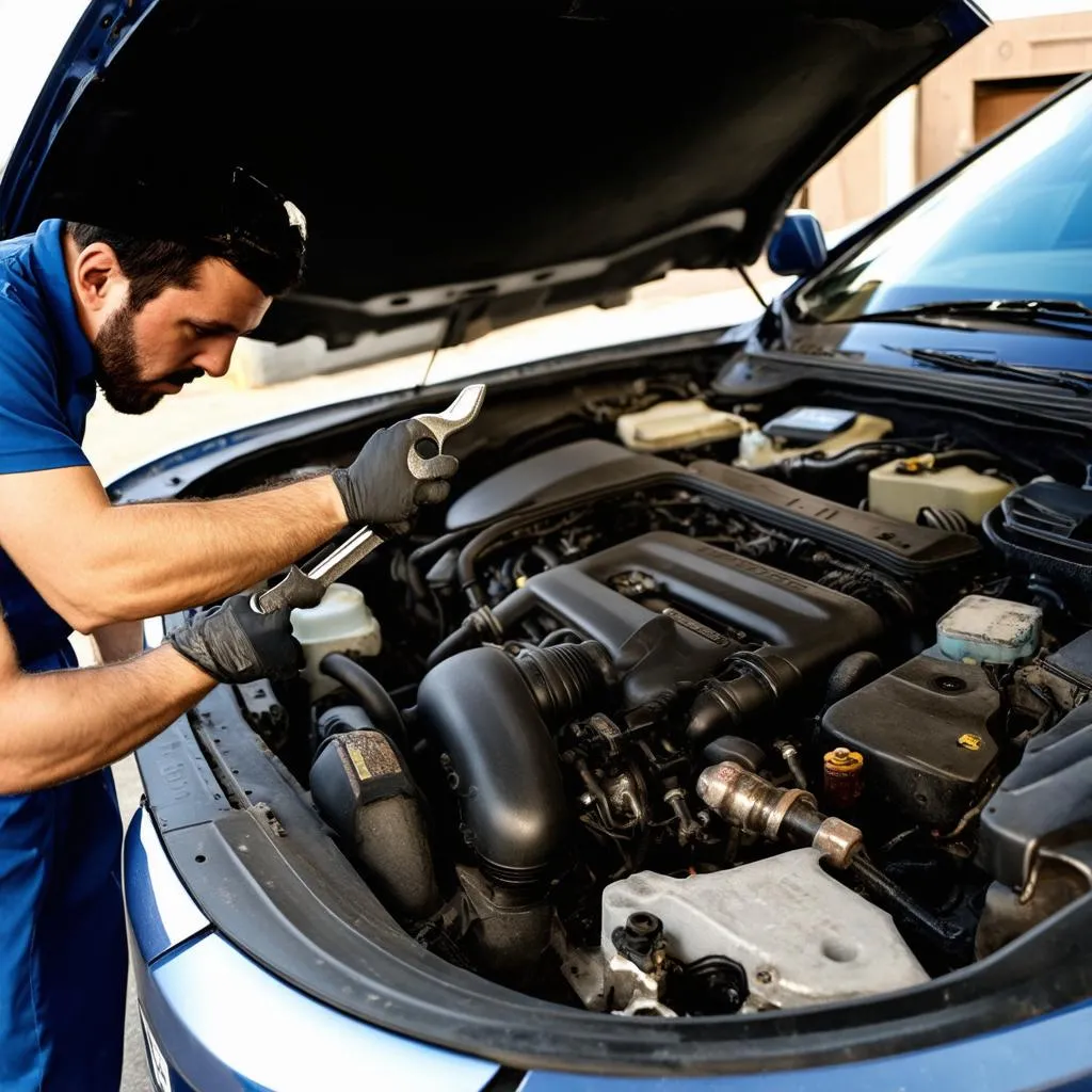 Car mechanic working on engine