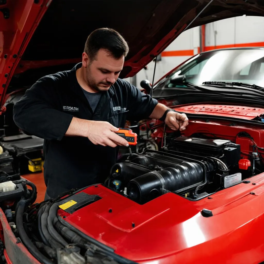 car mechanic inspecting engine