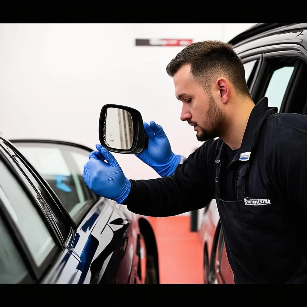 Car mechanic repairing side mirror