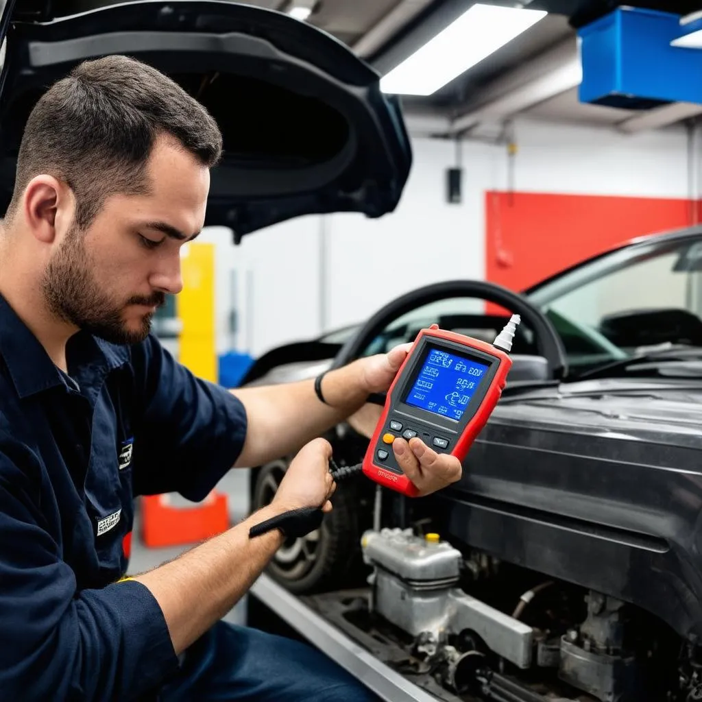 Car mechanic using diagnostic tool