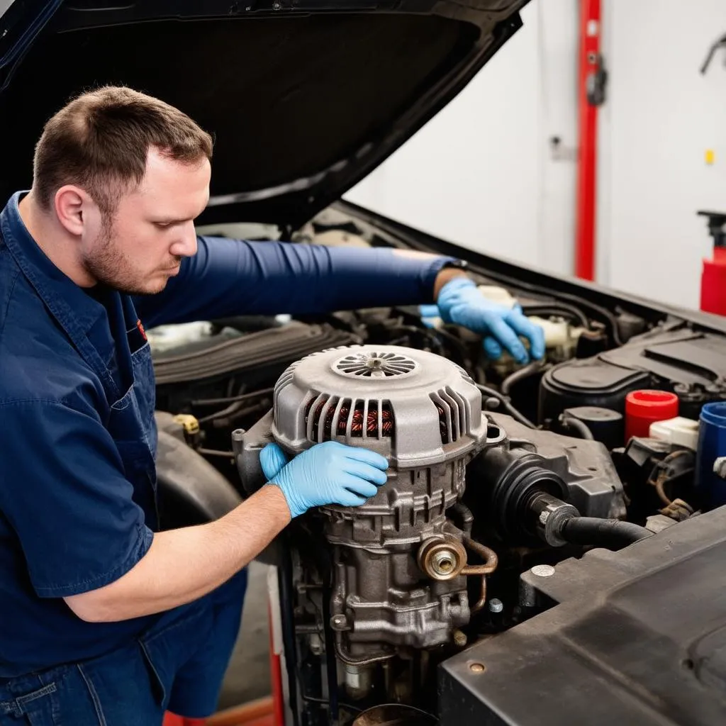 Mécanicien automobile travaillant sur un alternateur