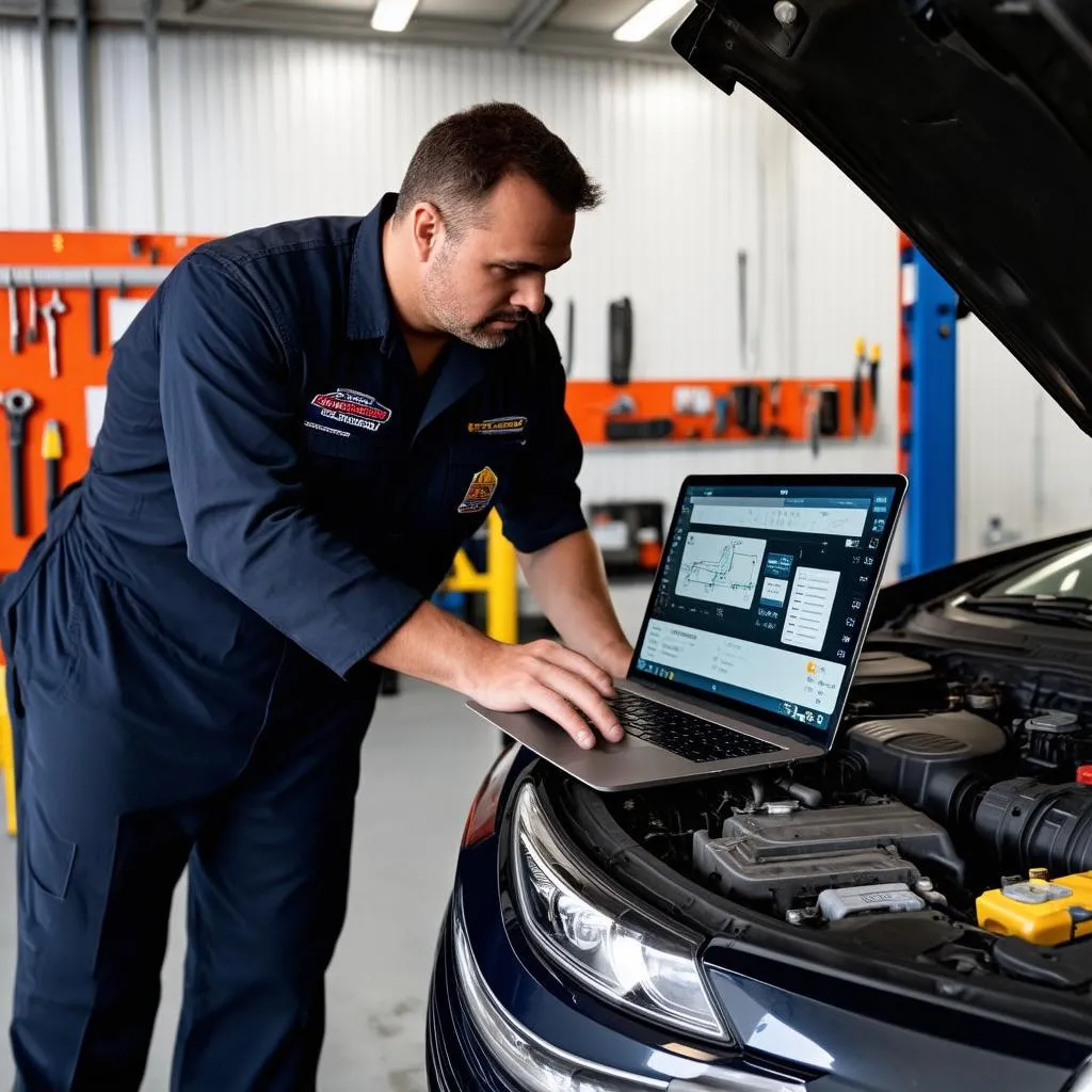 Experienced Car Mechanic Using a Laptop for Diagnostics in a Modern Workshop