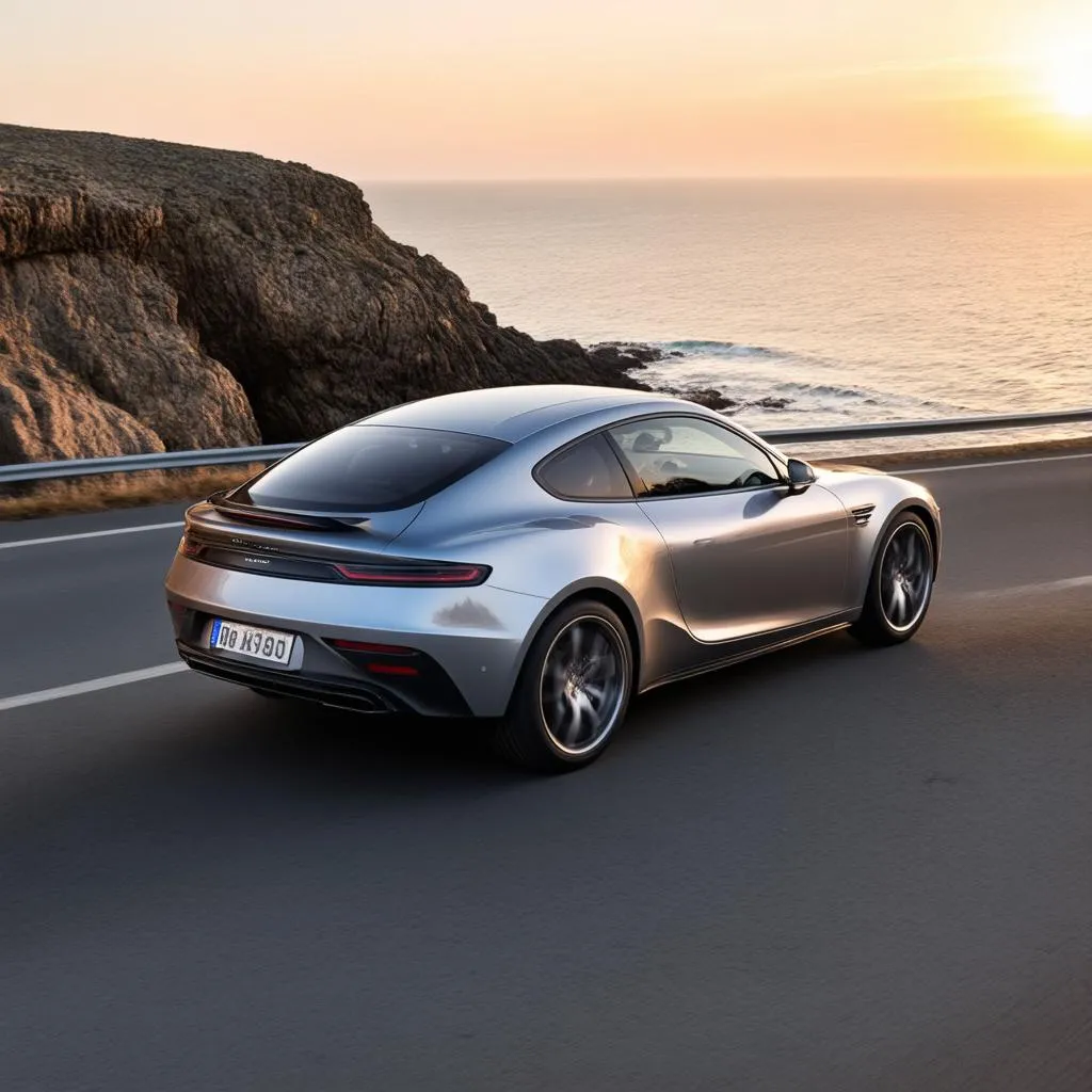 A car speeding down a scenic highway at sunset