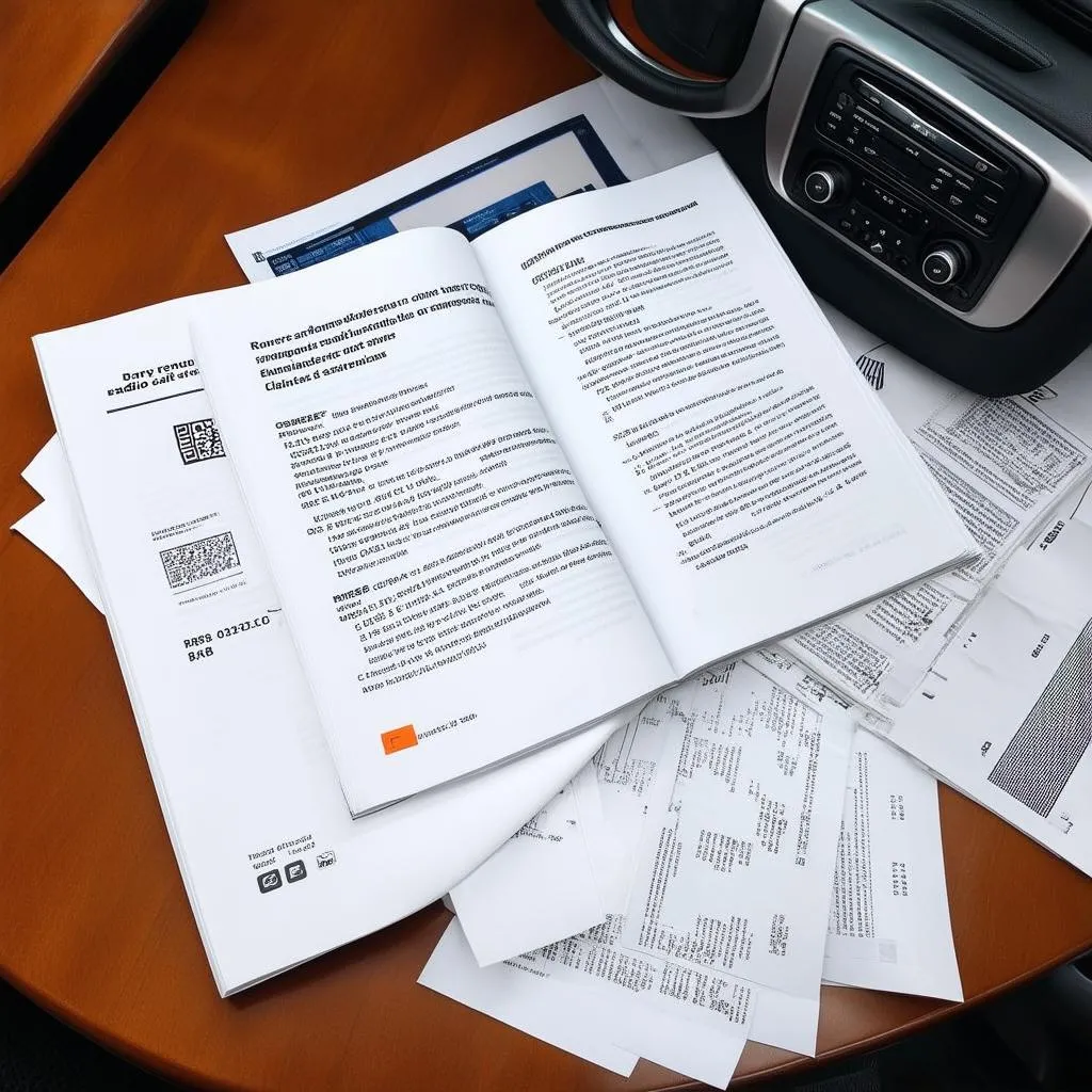 Car owner's manual and documents with highlighted radio code