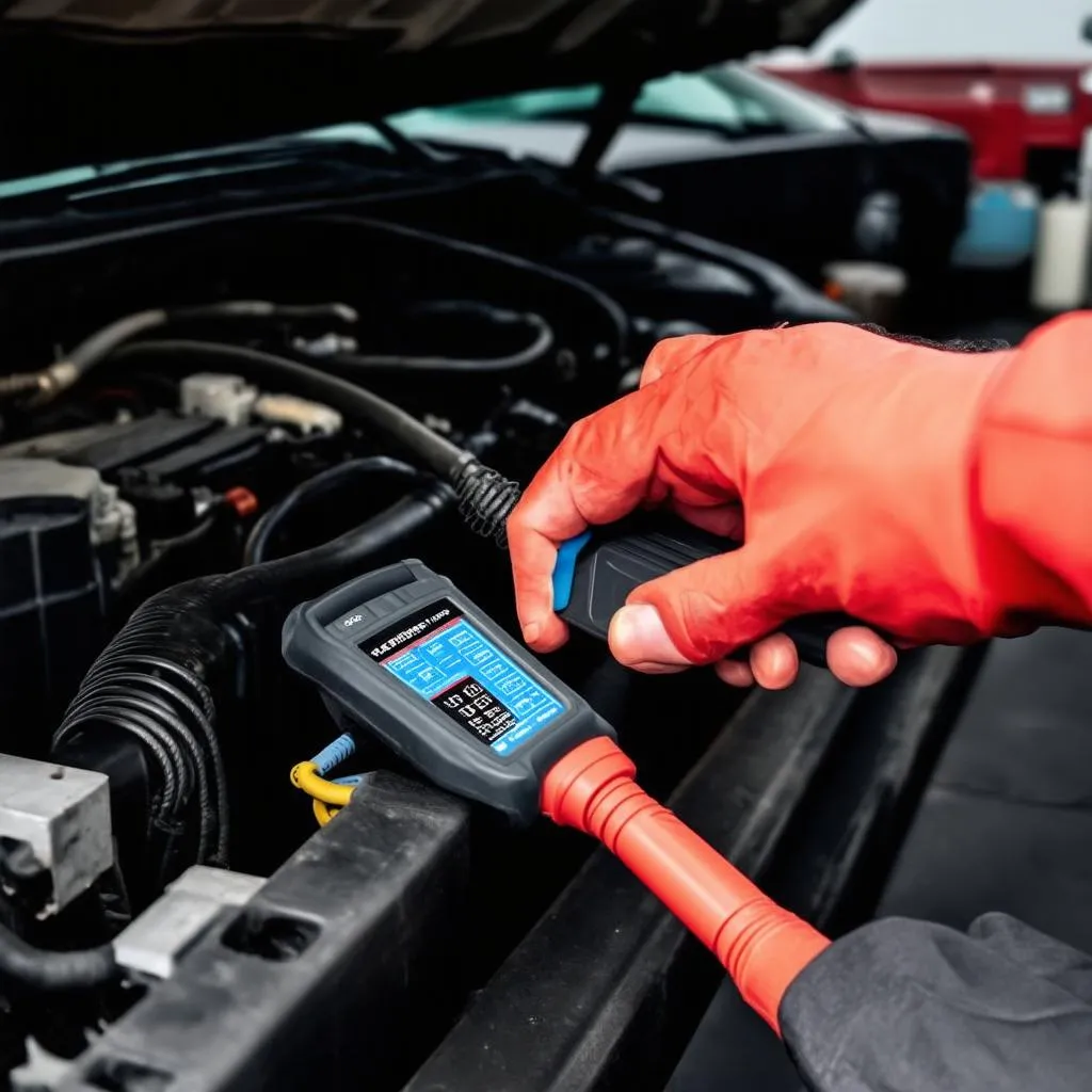 Mécanicien branchant un outil de diagnostic sur un camion Cascadia