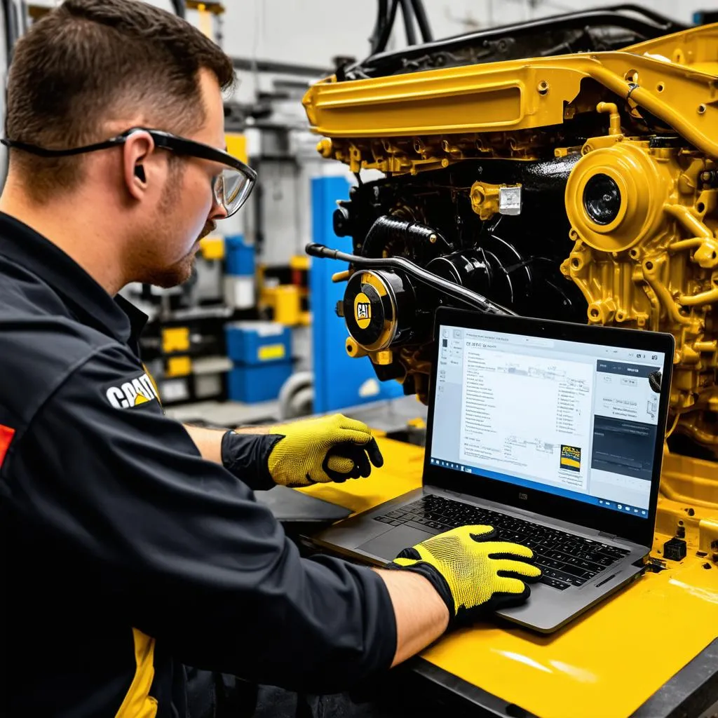 Mechanic Using Caterpillar PC for Engine Repair