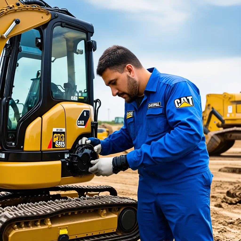 Mécanicien Caterpillar vérifiant le moteur