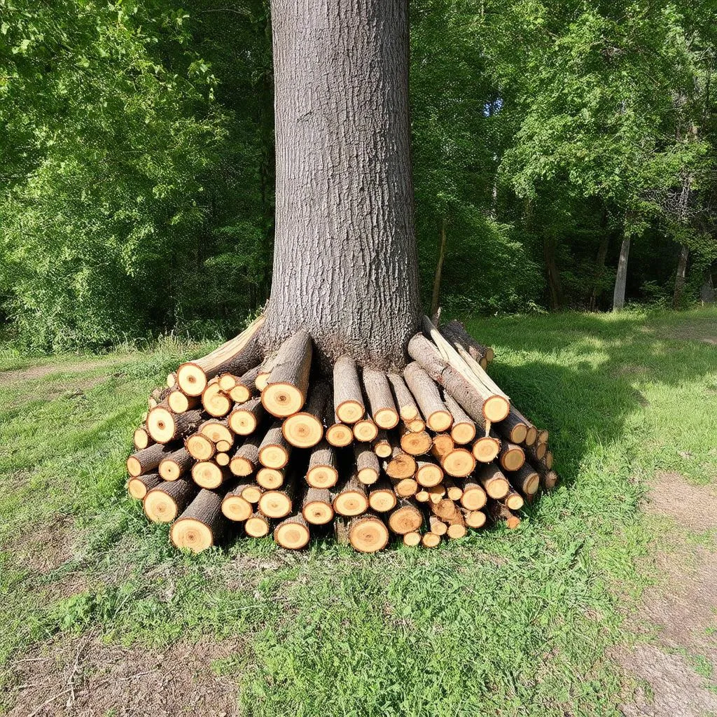 Copeaux de bois utilisés comme paillis autour d'un arbre