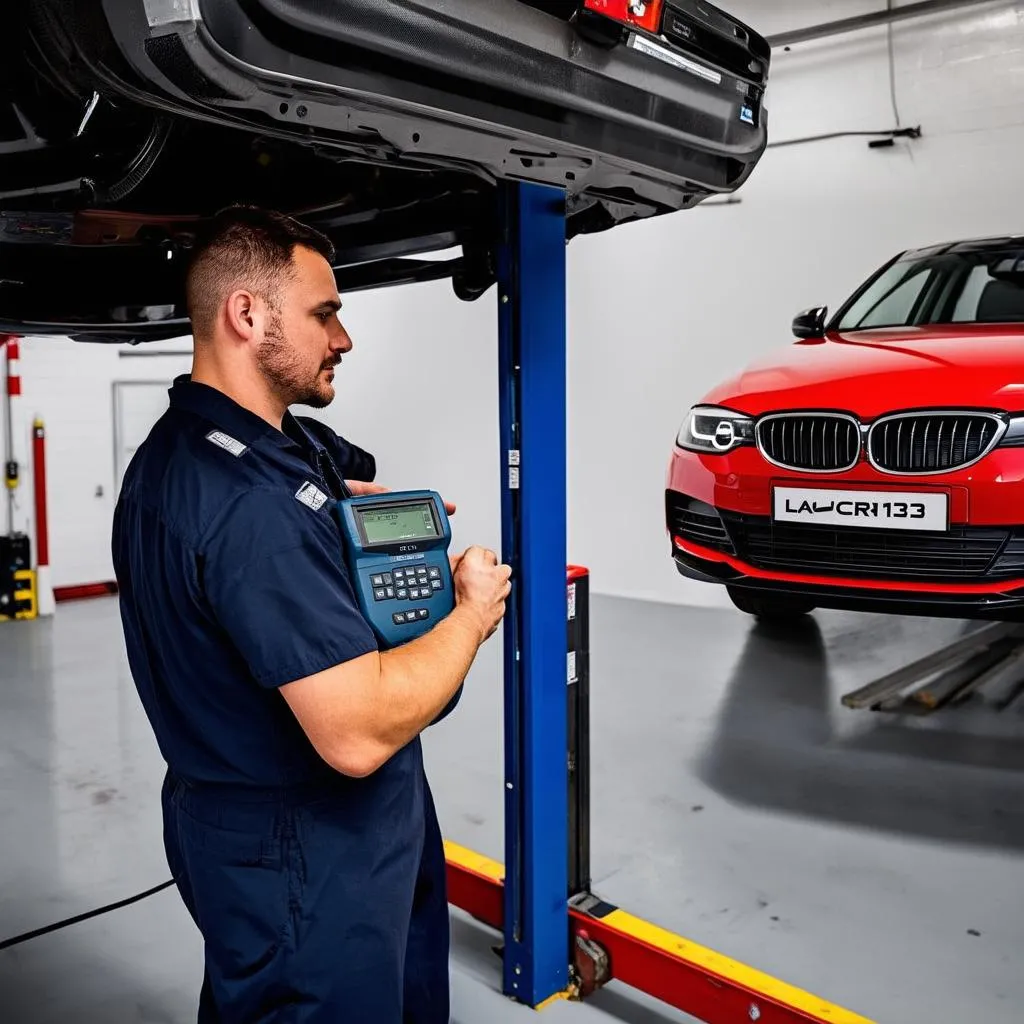 Mechanic using Launch CRP123 on a European car