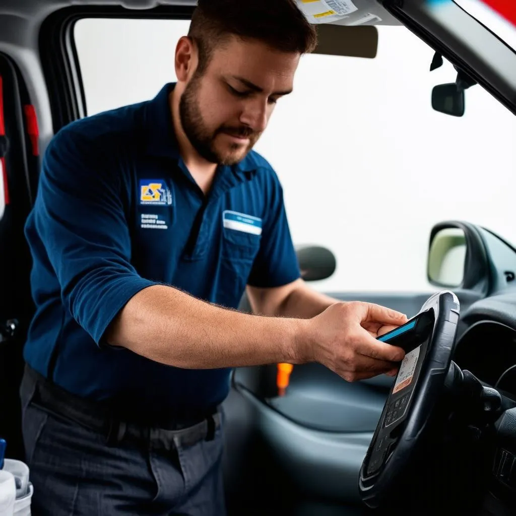 Un mécanicien examine un véhicule pendant un cycle de conduite d'inspection OBD