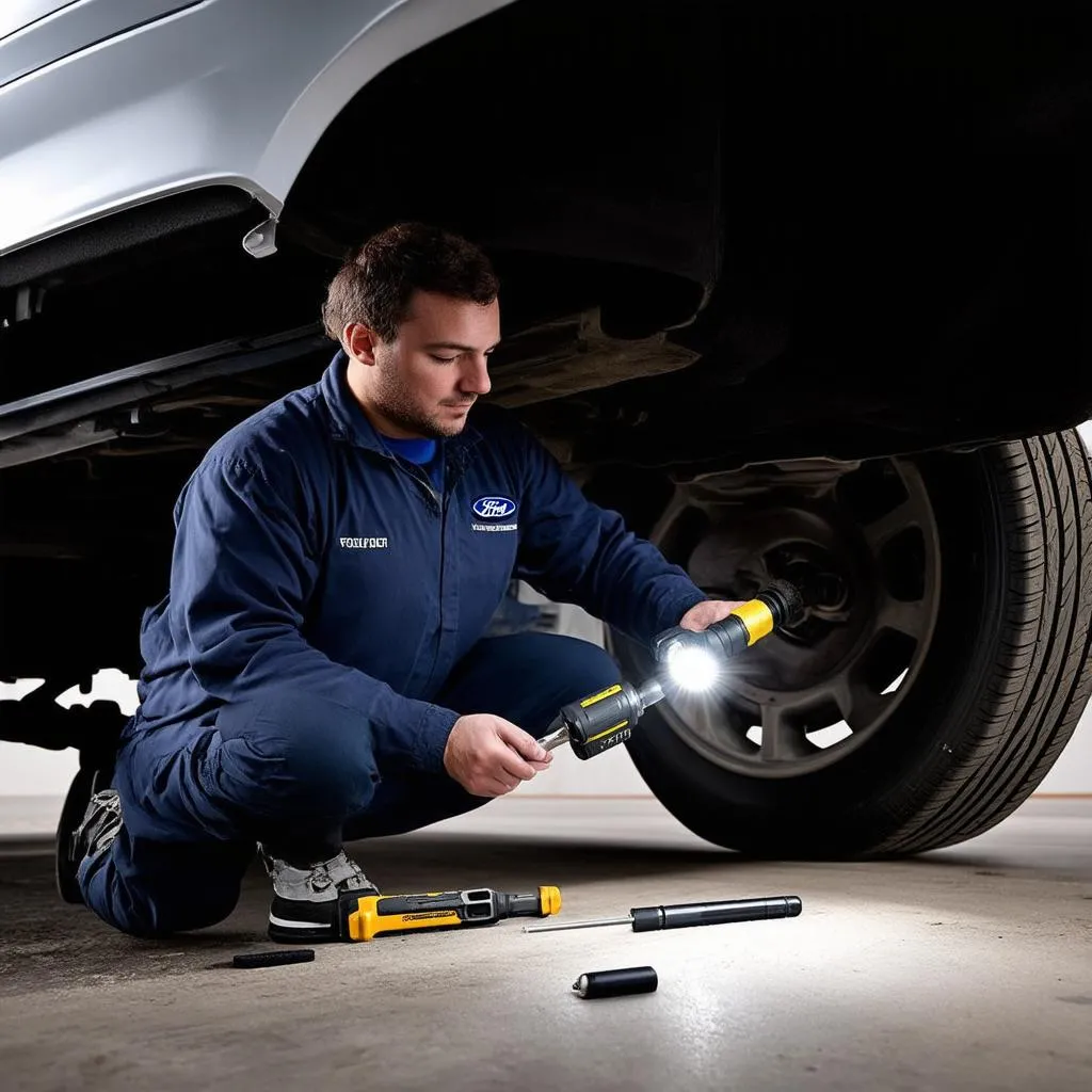 Un mécanicien inspectant le soubassement d'une Ford Focus