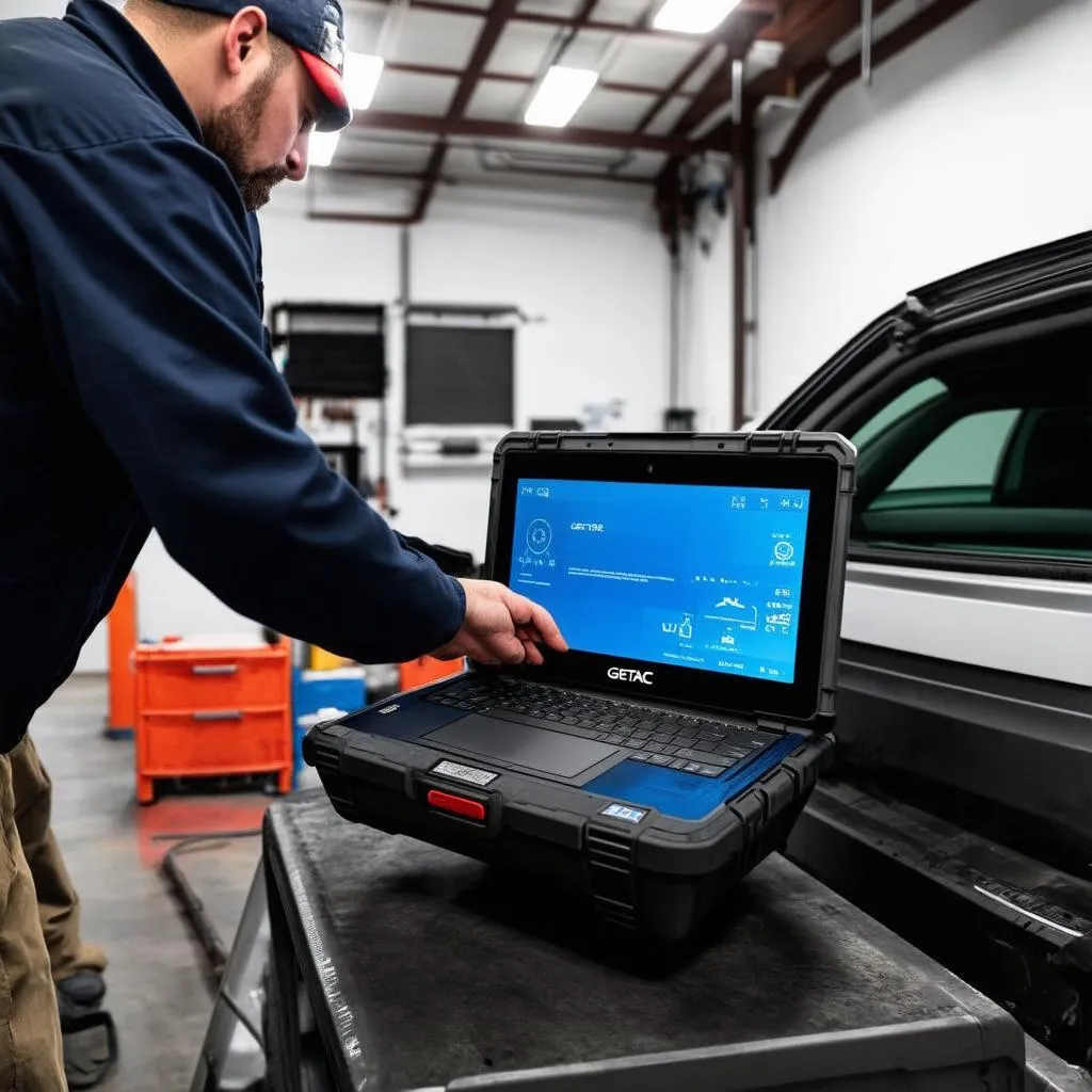 Mécanicien utilisant un Getac S410 pour diagnostiquer une voiture