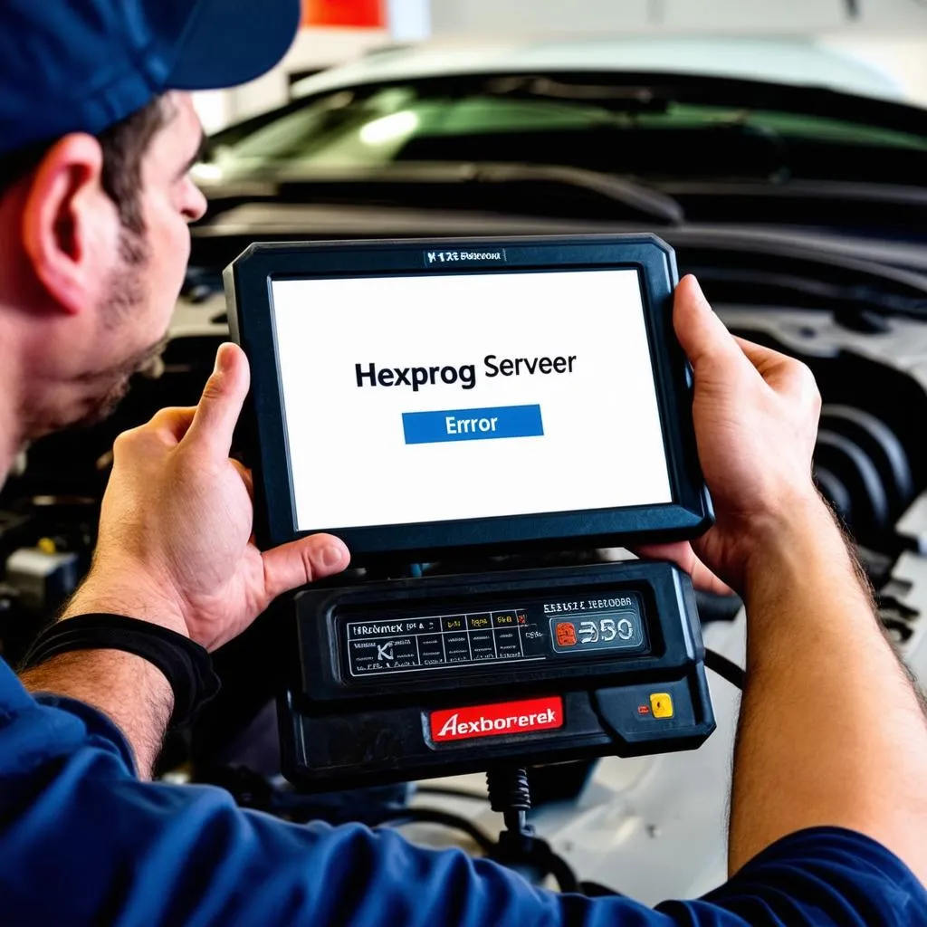 Technician troubleshooting car diagnostic tool