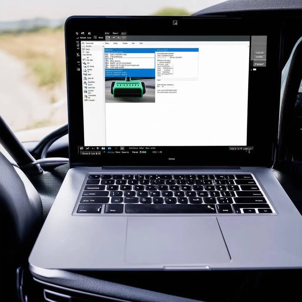 Laptop connected to car OBD2 port