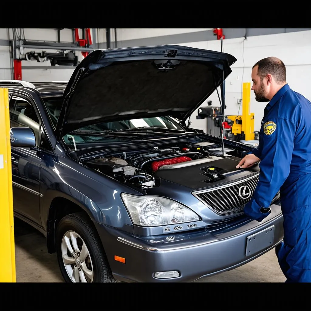 Un mécanicien inspecte une Lexus RX400h