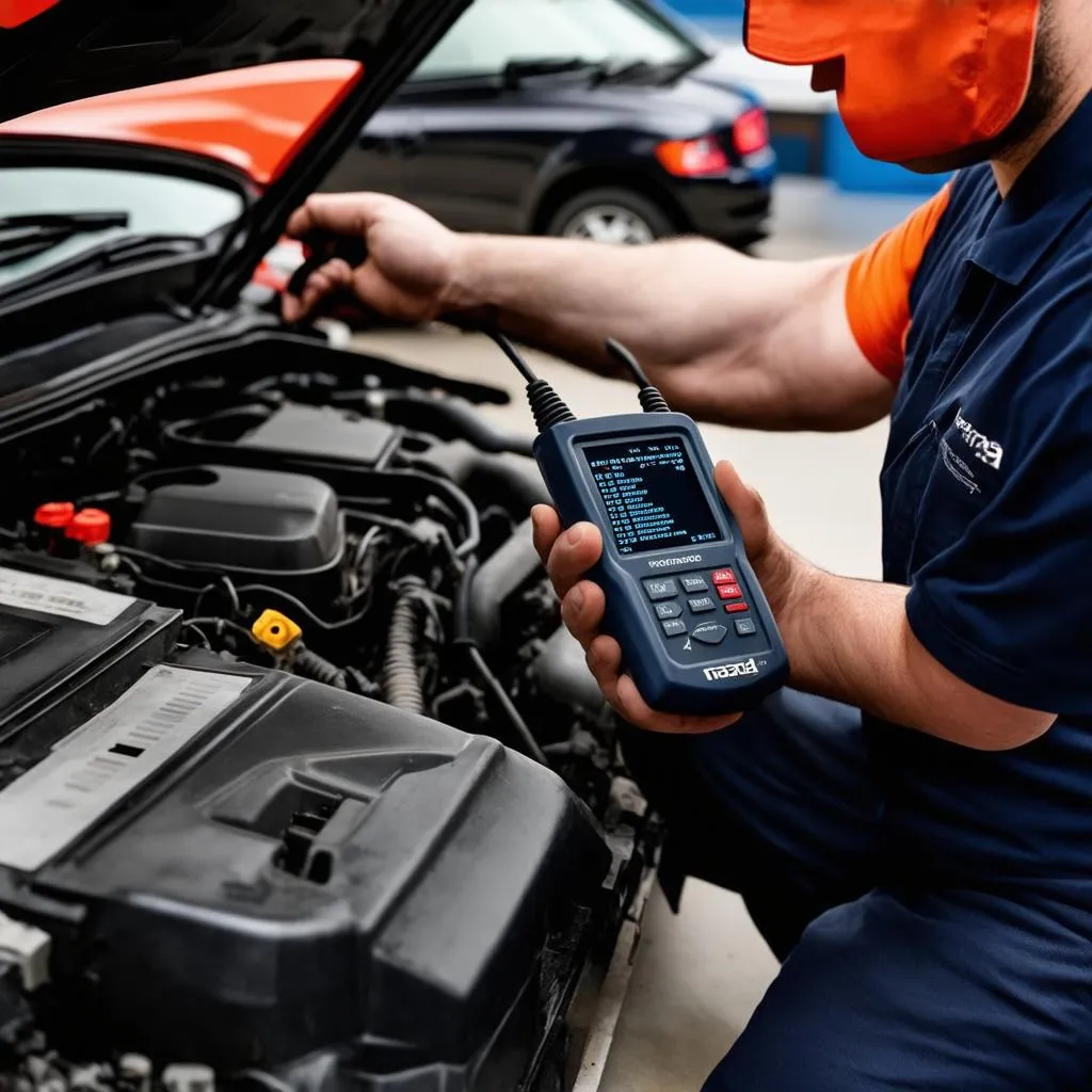 Mechanic using a diagnostic tool on a Mazda car