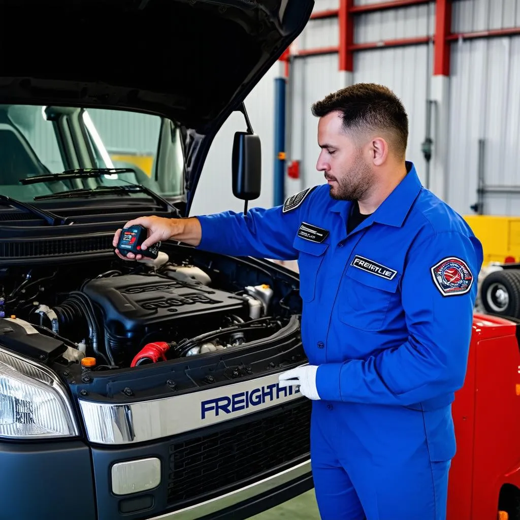 Mécanicien diagnostiquant un camion Freightliner