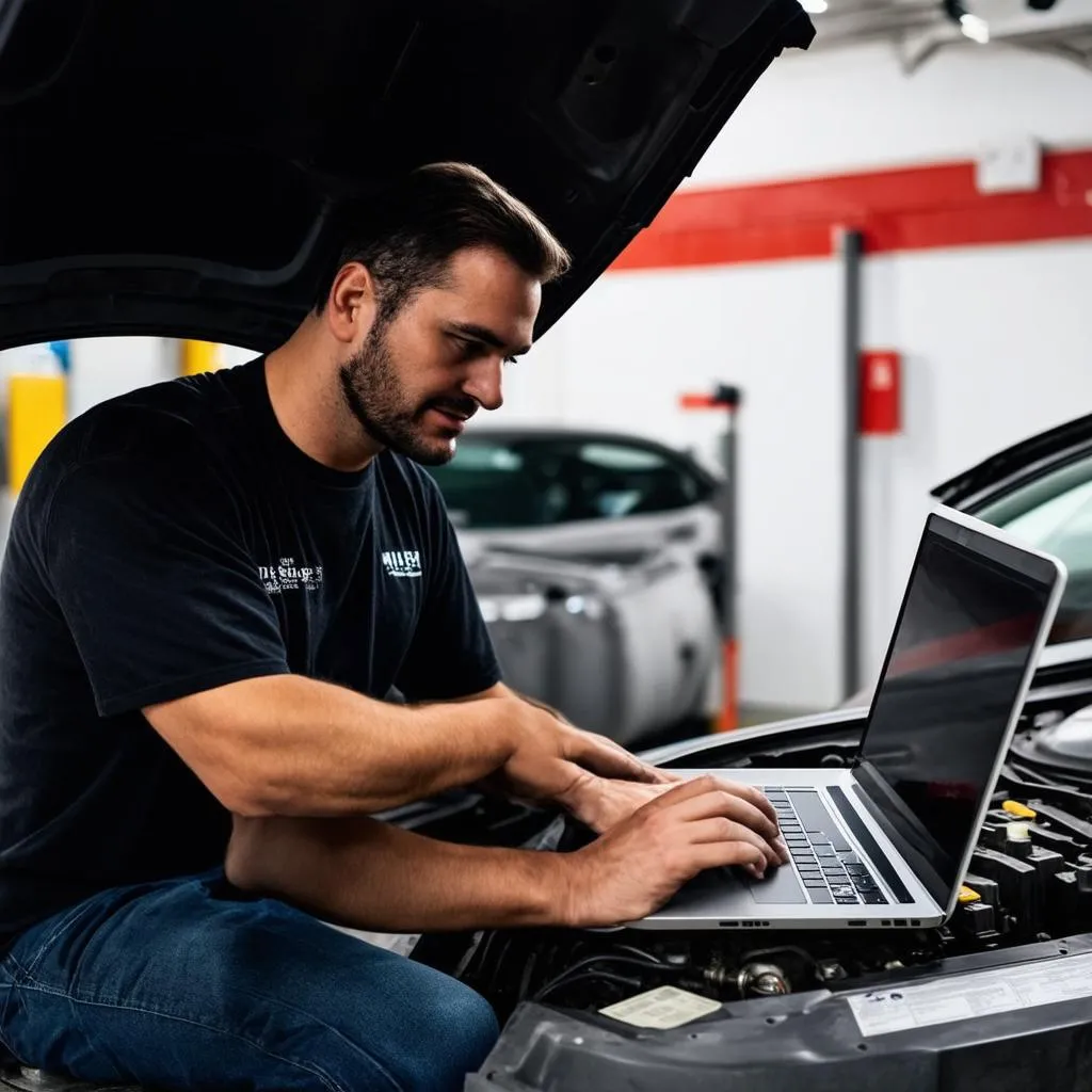 Mécanicien dans un Garage avec Ordinateur Portable