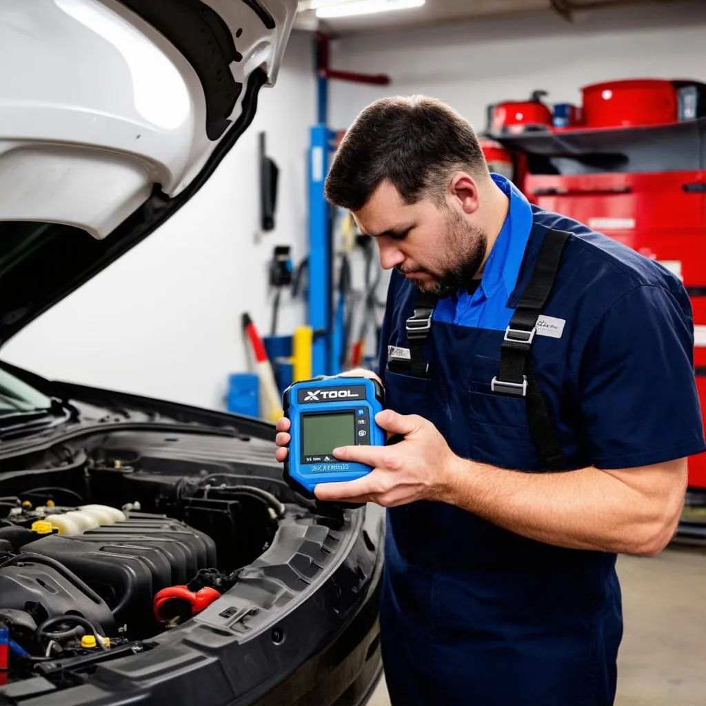 Mécanicien utilisant le Xtool X100 Pad3 dans un garage