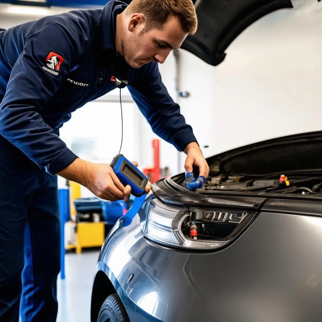 Mécanicien utilisant un outil de diagnostic sur une Peugeot